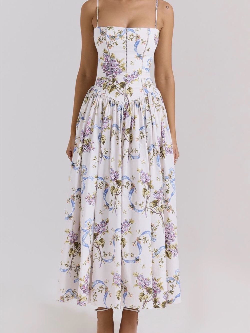 House of CB White Maxi Dress with Blue and Lavender Floral Print